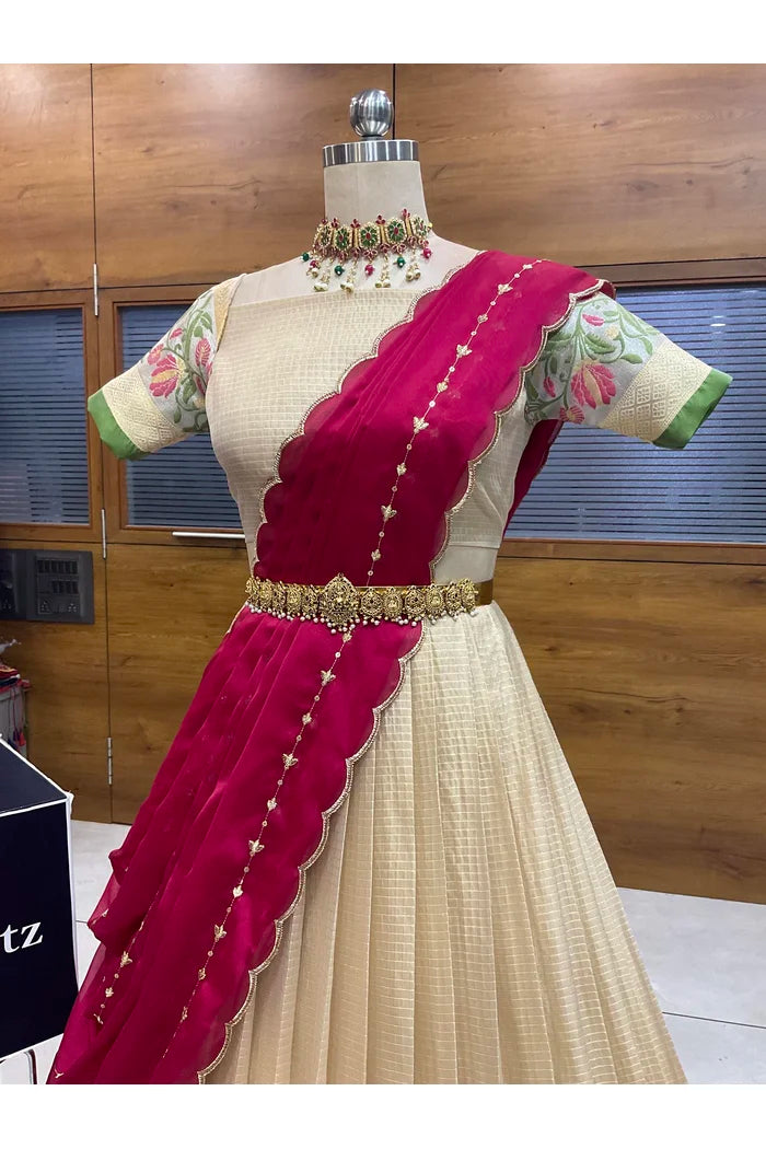 Beautiful South Indian Style Half Saree with Blouse and Dupatta for Women | Ginger