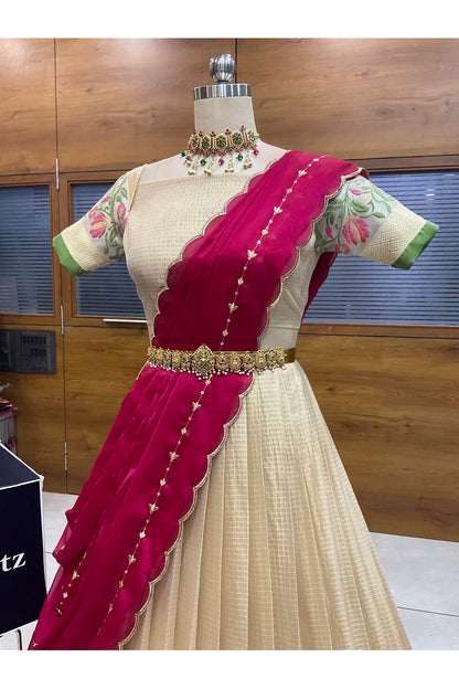 Beautiful South Indian Style Half Saree with Blouse and Dupatta for Women | Ginger