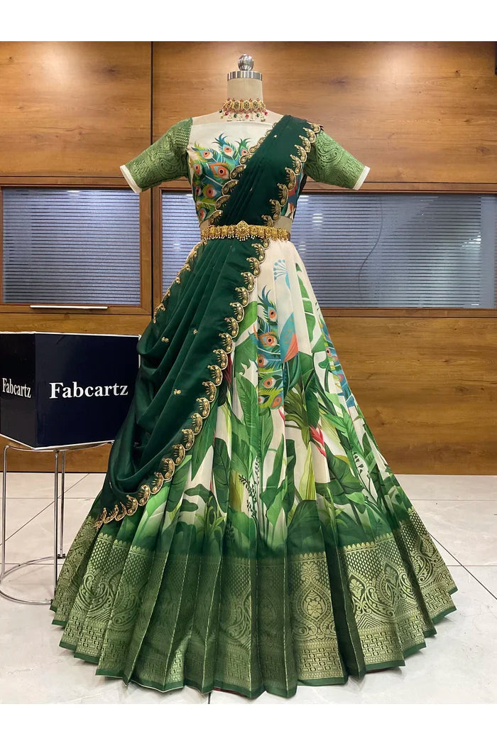 Beautiful South Indian Style Printed Half Saree with Blouse and Dupatta for Women | Radhekrishna