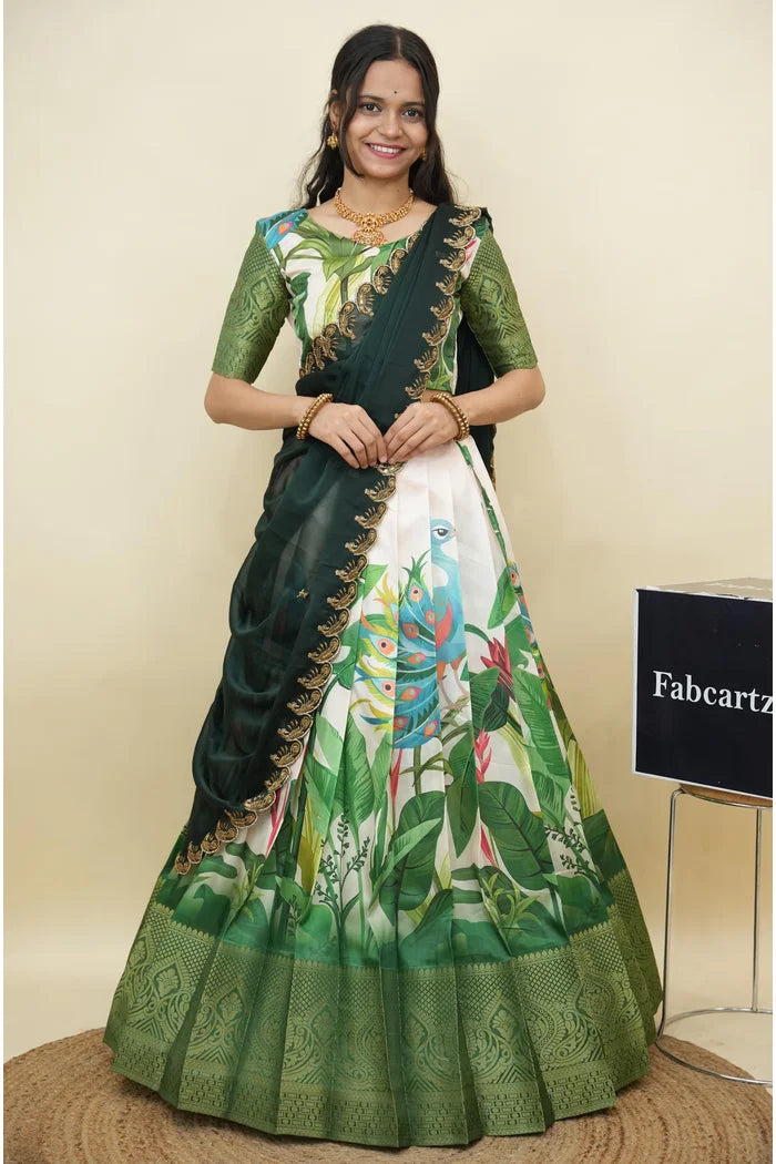 Beautiful South Indian Style Printed Half Saree with Printed Blouse and Dupatta for Women | Radhekrishna KV
