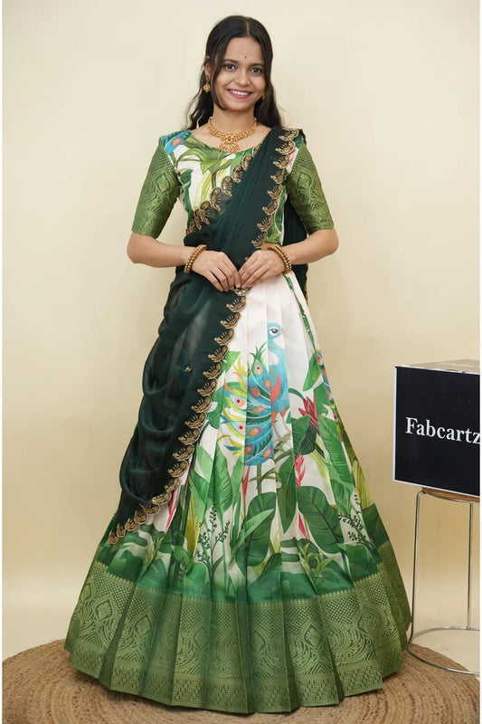 Beautiful South Indian Style Printed Half Saree with Printed Blouse and Dupatta for Women | Radhekrishna KV
