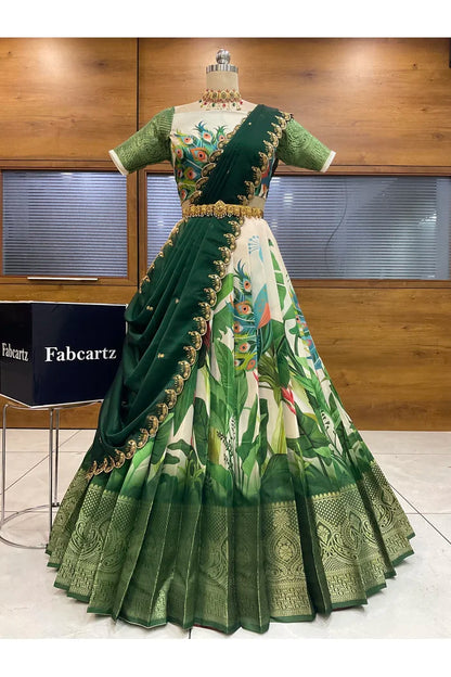 Beautiful South Indian Style Printed Half Saree with Blouse and Dupatta for Women | Radhekrishna