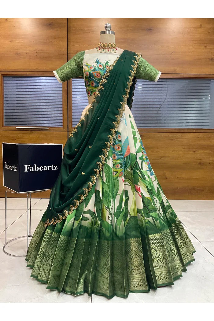 Beautiful South Indian Style Printed Half Saree with Blouse and Dupatta for Women | Radhekrishna
