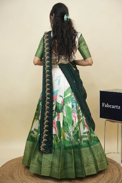 Beautiful South Indian Style Printed Half Saree with Printed Blouse and Dupatta for Women | Radhekrishna KV