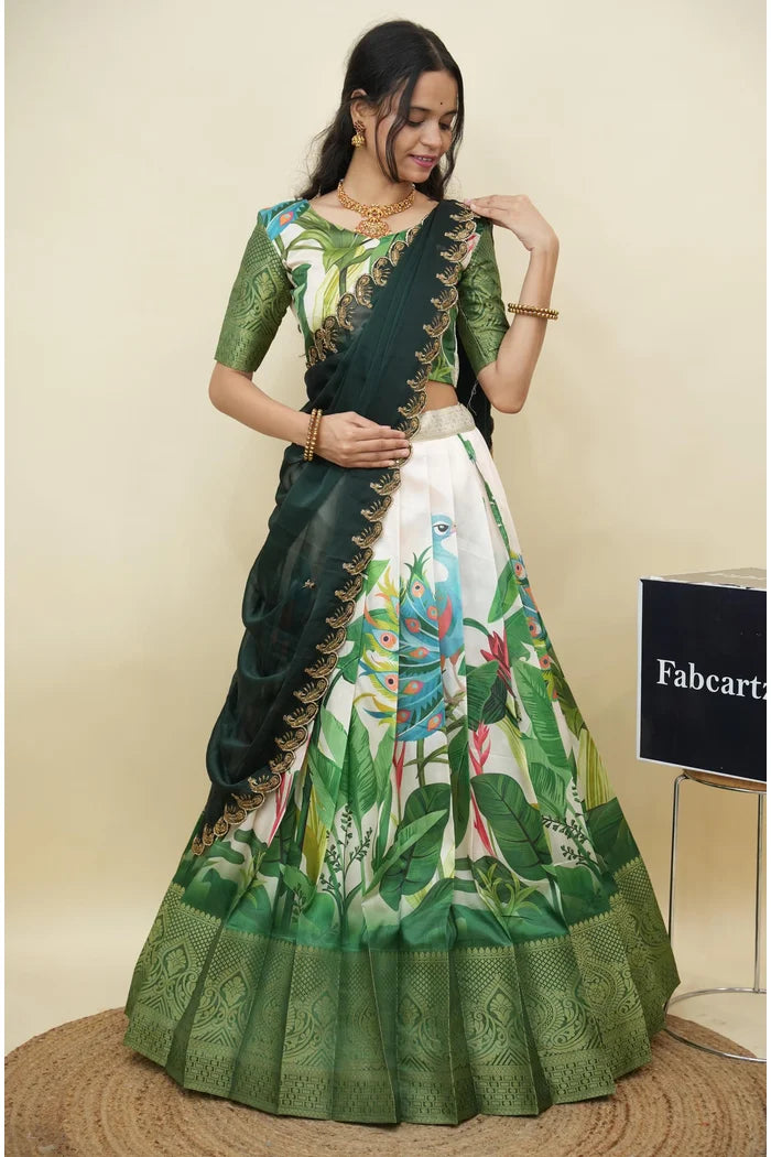 Beautiful South Indian Style Printed Half Saree with Printed Blouse and Dupatta for Women | Radhekrishna KV