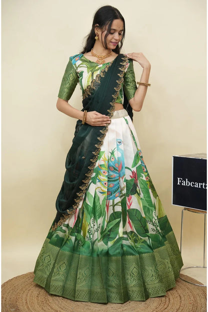 Beautiful South Indian Style Printed Half Saree with Printed Blouse and Dupatta for Women | Radhekrishna KV