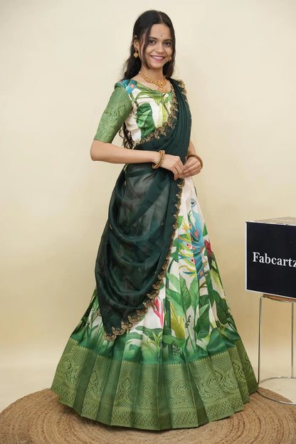 Beautiful South Indian Style Printed Half Saree with Printed Blouse and Dupatta for Women | Radhekrishna KV