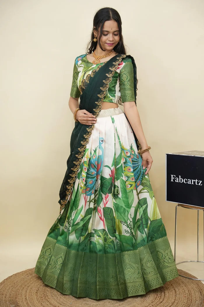 Beautiful South Indian Style Printed Half Saree with Printed Blouse and Dupatta for Women | Radhekrishna KV