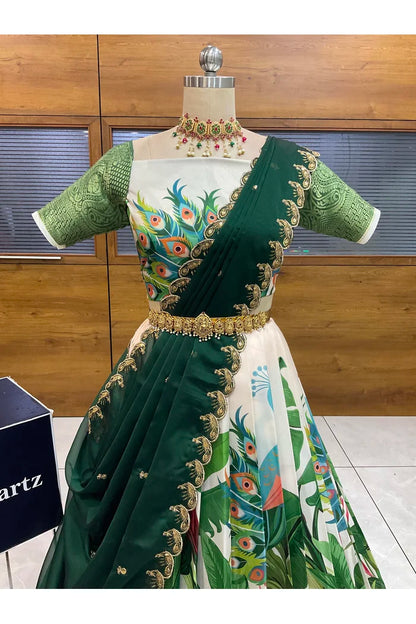 Beautiful South Indian Style Printed Half Saree with Blouse and Dupatta for Women | Radhekrishna