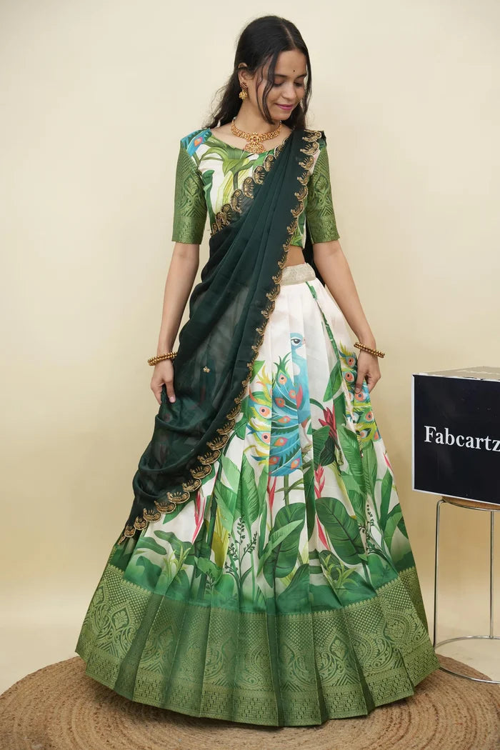 Beautiful South Indian Style Printed Half Saree with Printed Blouse and Dupatta for Women | Radhekrishna KV