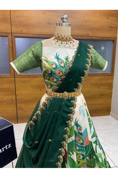 Beautiful South Indian Style Printed Half Saree with Blouse and Dupatta for Women | Radhekrishna