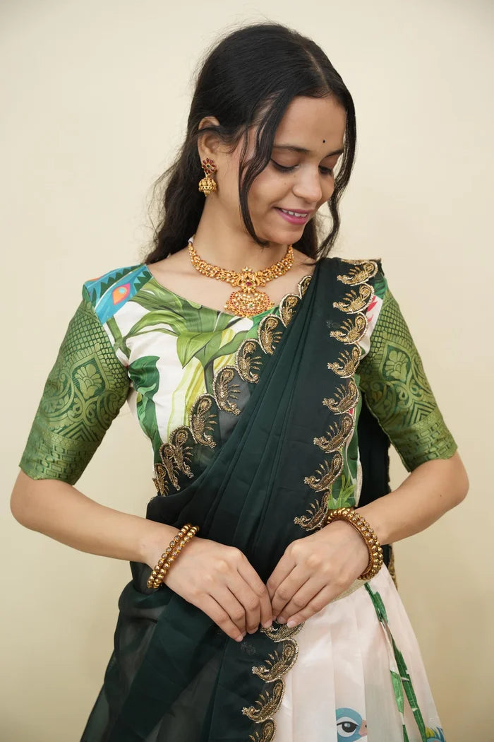 Beautiful South Indian Style Printed Half Saree with Printed Blouse and Dupatta for Women | Radhekrishna KV