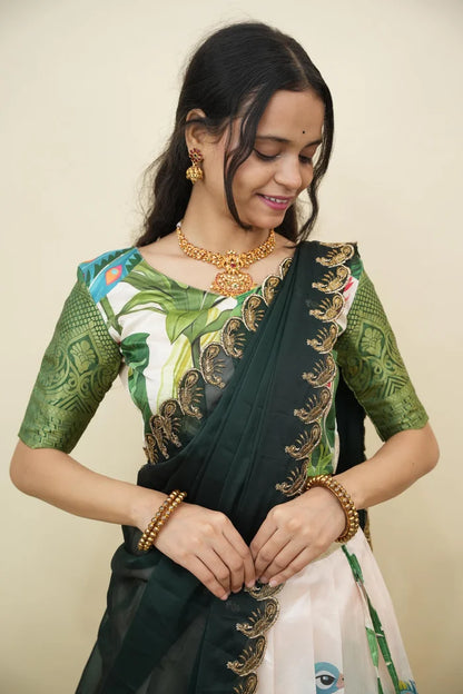 Beautiful South Indian Style Printed Half Saree with Printed Blouse and Dupatta for Women | Radhekrishna KV