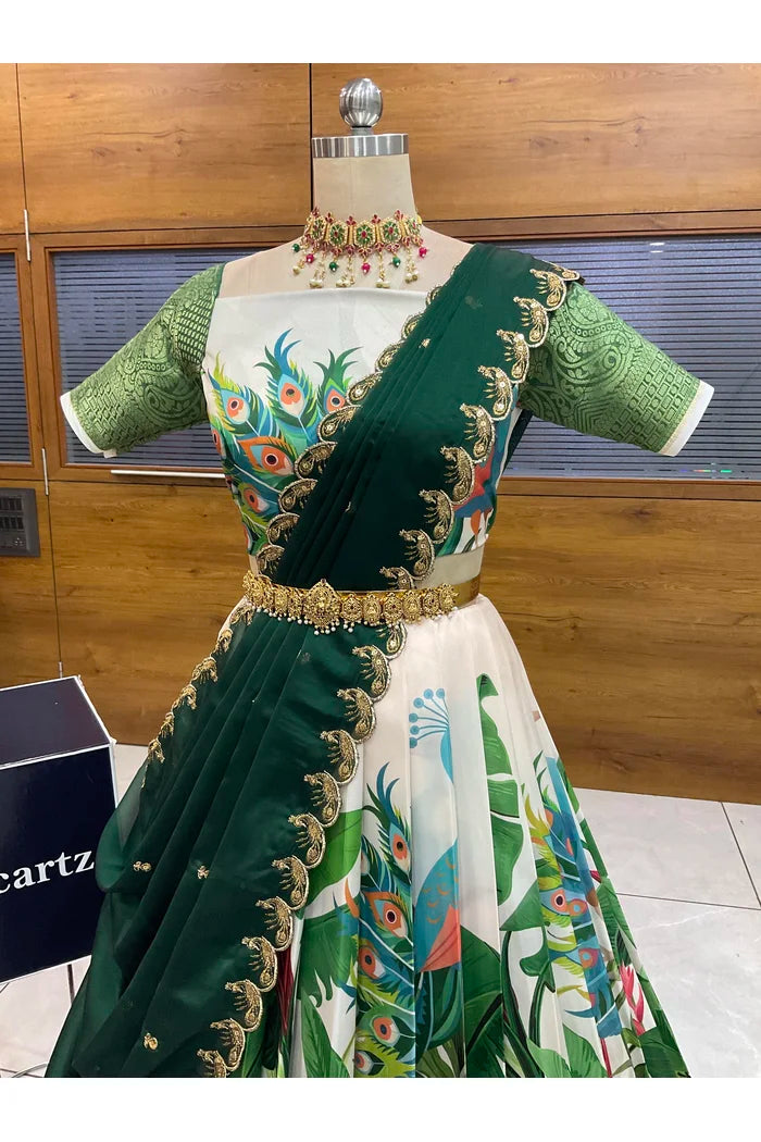 Beautiful South Indian Style Printed Half Saree with Blouse and Dupatta for Women | Radhekrishna
