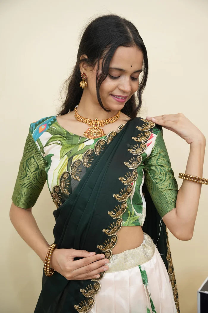 Beautiful South Indian Style Printed Half Saree with Printed Blouse and Dupatta for Women | Radhekrishna KV