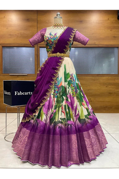 Beautiful South Indian Style Printed Half Saree with Blouse and Dupatta for Women | Radhekrishna