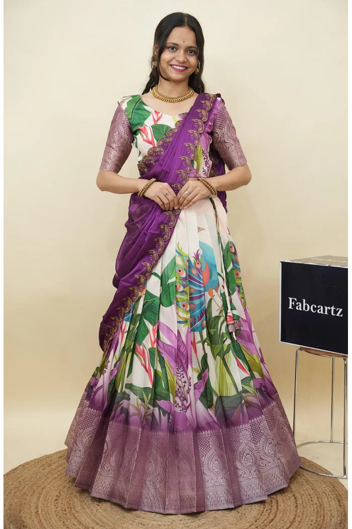 Beautiful South Indian Style Printed Half Saree with Printed Blouse and Dupatta for Women | Radhekrishna KV