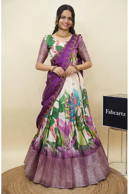 Beautiful South Indian Style Printed Half Saree with Printed Blouse and Dupatta for Women | Radhekrishna KV