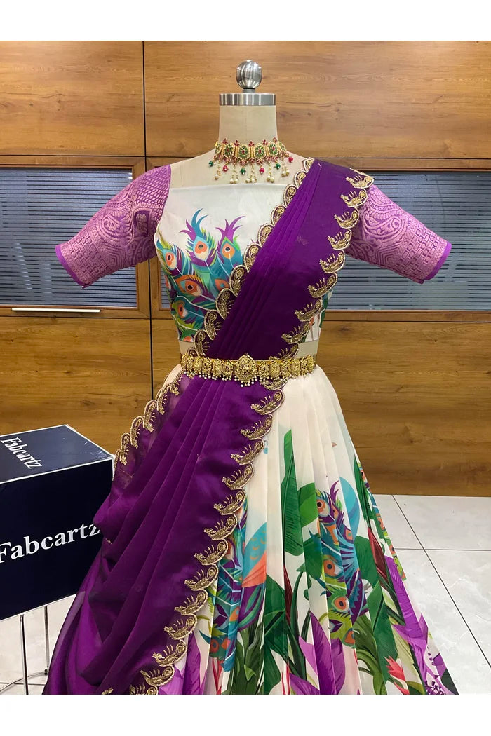 Beautiful South Indian Style Printed Half Saree with Blouse and Dupatta for Women | Radhekrishna