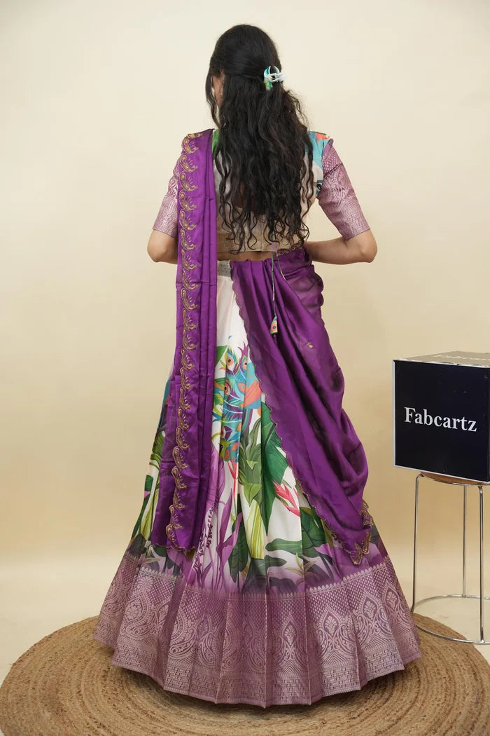 Beautiful South Indian Style Printed Half Saree with Printed Blouse and Dupatta for Women | Radhekrishna KV