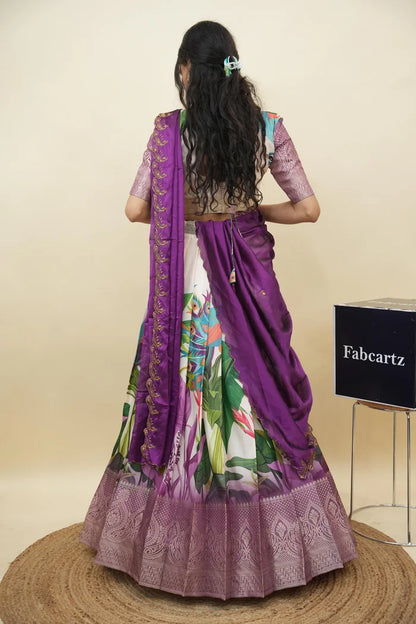 Beautiful South Indian Style Printed Half Saree with Printed Blouse and Dupatta for Women | Radhekrishna KV