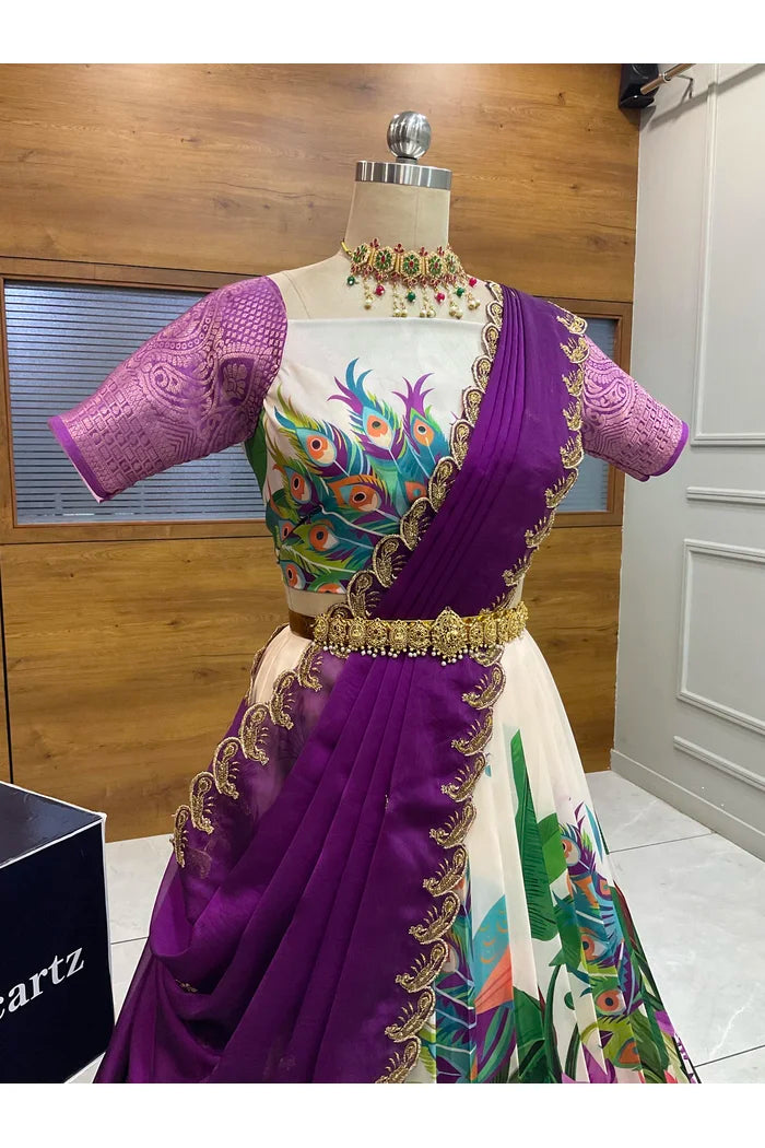 Beautiful South Indian Style Printed Half Saree with Blouse and Dupatta for Women | Radhekrishna