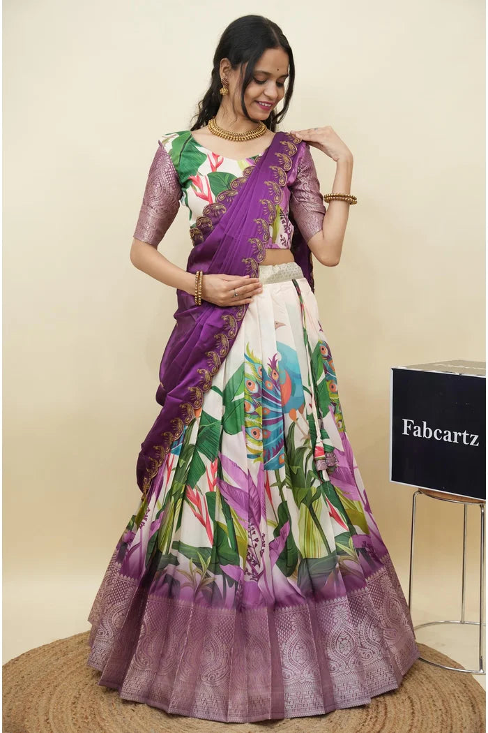 Beautiful South Indian Style Printed Half Saree with Printed Blouse and Dupatta for Women | Radhekrishna KV