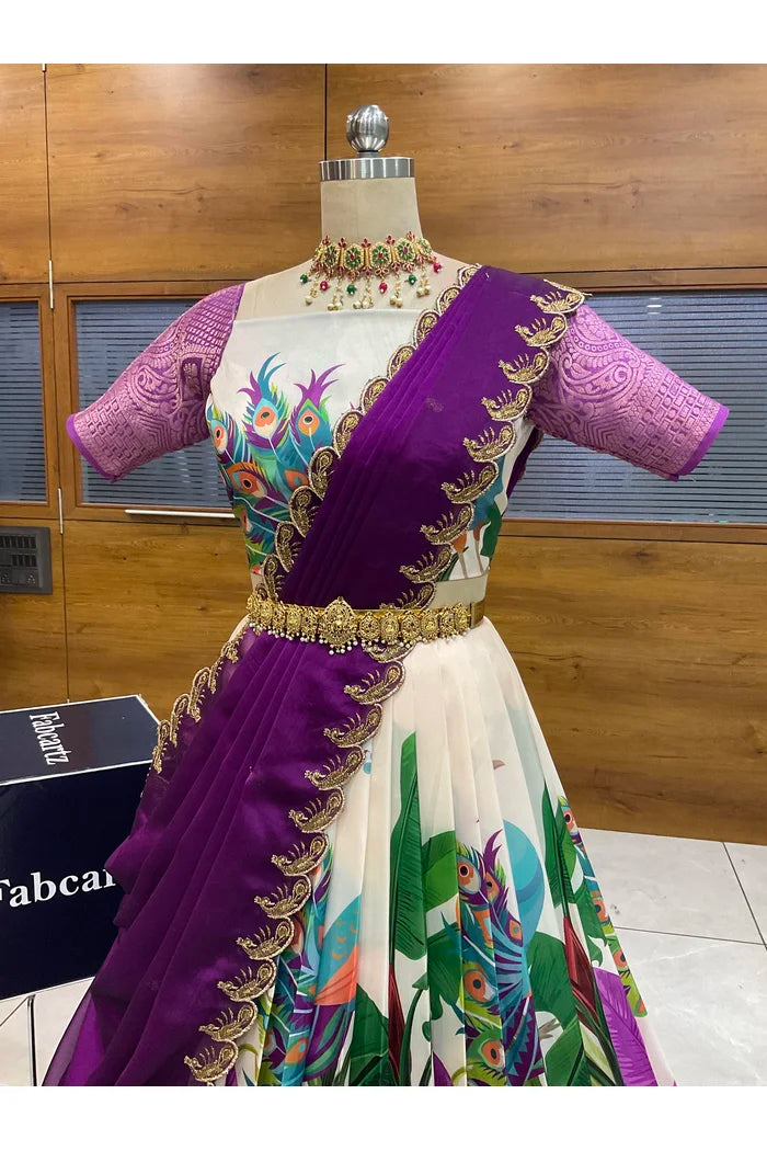 Beautiful South Indian Style Printed Half Saree with Blouse and Dupatta for Women | Radhekrishna