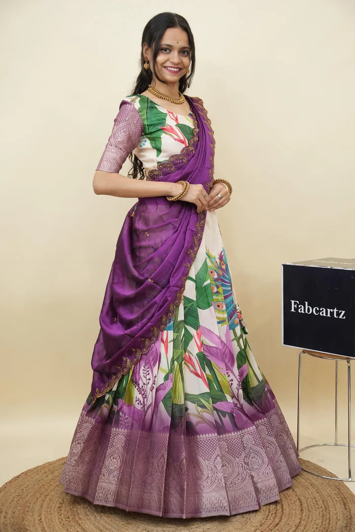 Beautiful South Indian Style Printed Half Saree with Printed Blouse and Dupatta for Women | Radhekrishna KV