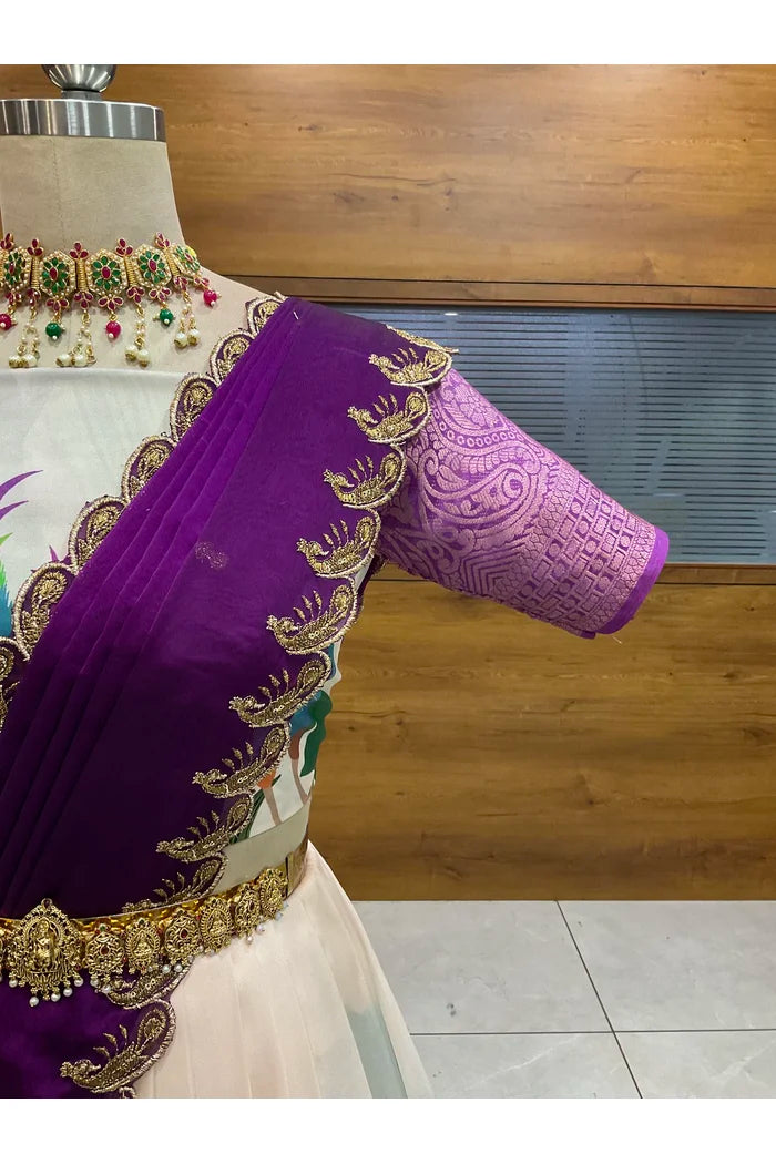 Beautiful South Indian Style Printed Half Saree with Blouse and Dupatta for Women | Radhekrishna