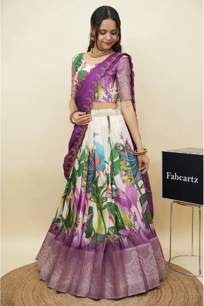 Beautiful South Indian Style Printed Half Saree with Printed Blouse and Dupatta for Women | Radhekrishna KV