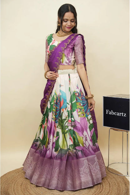 Beautiful South Indian Style Printed Half Saree with Printed Blouse and Dupatta for Women | Radhekrishna KV