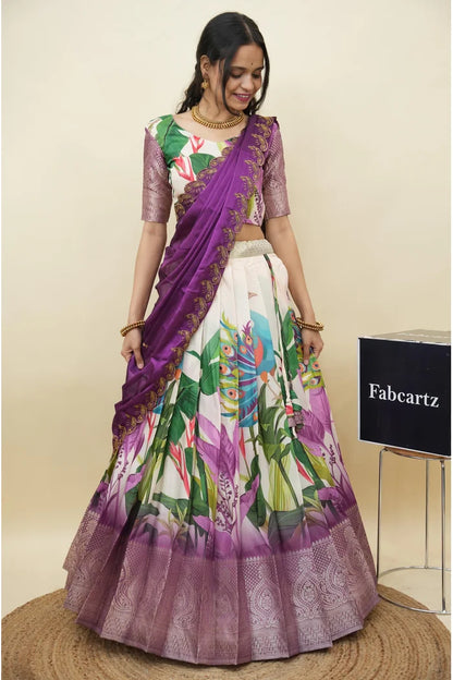 Beautiful South Indian Style Printed Half Saree with Printed Blouse and Dupatta for Women | Radhekrishna KV