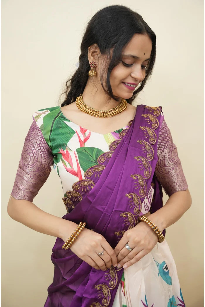 Beautiful South Indian Style Printed Half Saree with Printed Blouse and Dupatta for Women | Radhekrishna KV