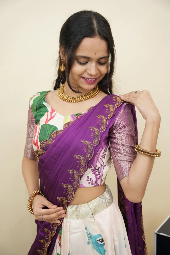 Beautiful South Indian Style Printed Half Saree with Printed Blouse and Dupatta for Women | Radhekrishna KV