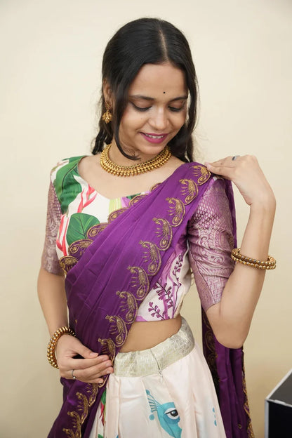 Beautiful South Indian Style Printed Half Saree with Printed Blouse and Dupatta for Women | Radhekrishna KV