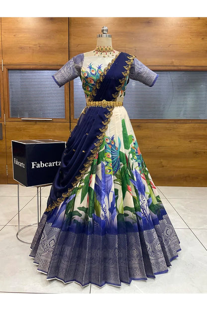 Beautiful South Indian Style Printed Half Saree with Blouse and Dupatta for Women | Radhekrishna