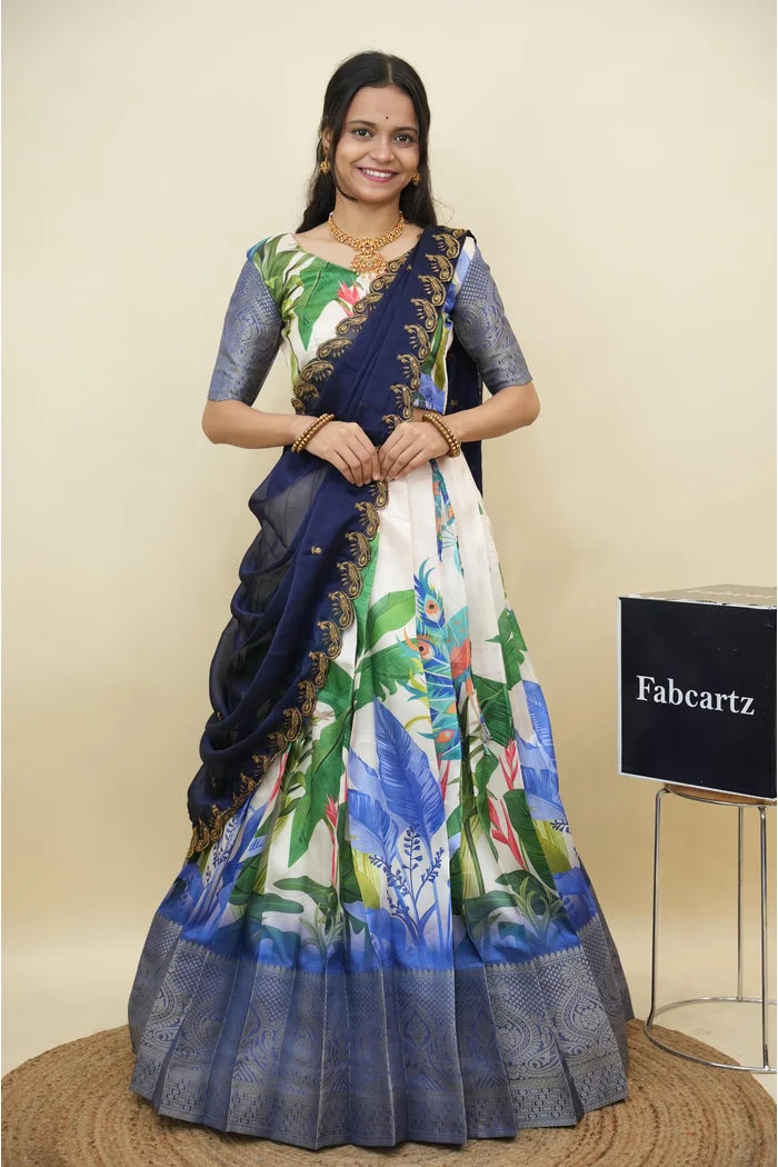 Beautiful South Indian Style Printed Half Saree with Printed Blouse and Dupatta for Women | Radhekrishna KV