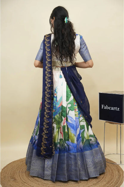 Beautiful South Indian Style Printed Half Saree with Printed Blouse and Dupatta for Women | Radhekrishna KV
