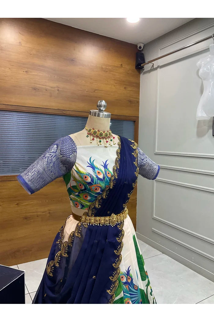 Beautiful South Indian Style Printed Half Saree with Blouse and Dupatta for Women | Radhekrishna