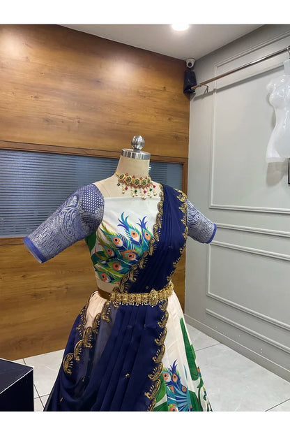 Beautiful South Indian Style Printed Half Saree with Blouse and Dupatta for Women | Radhekrishna