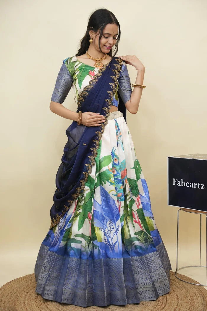 Beautiful South Indian Style Printed Half Saree with Printed Blouse and Dupatta for Women | Radhekrishna KV