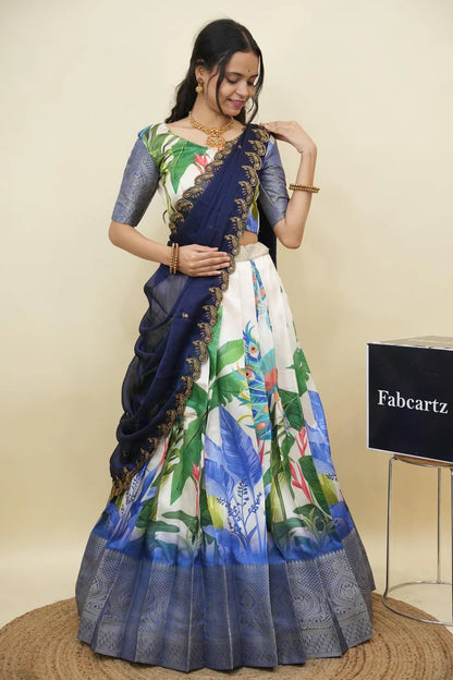 Beautiful South Indian Style Printed Half Saree with Printed Blouse and Dupatta for Women | Radhekrishna KV