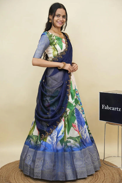 Beautiful South Indian Style Printed Half Saree with Printed Blouse and Dupatta for Women | Radhekrishna KV