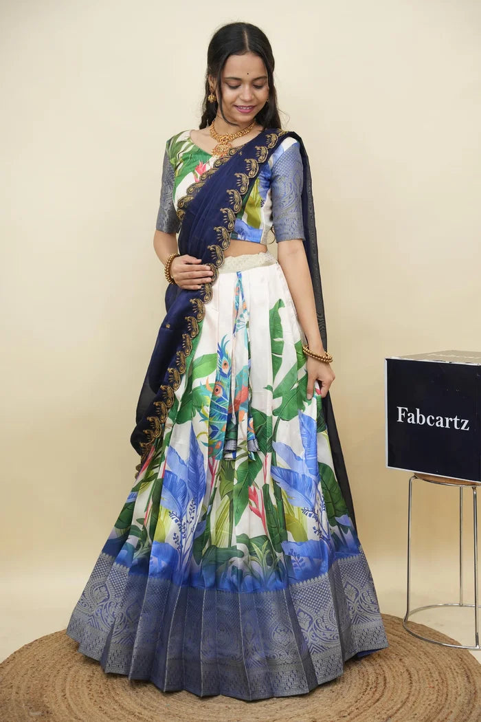 Beautiful South Indian Style Printed Half Saree with Printed Blouse and Dupatta for Women | Radhekrishna KV