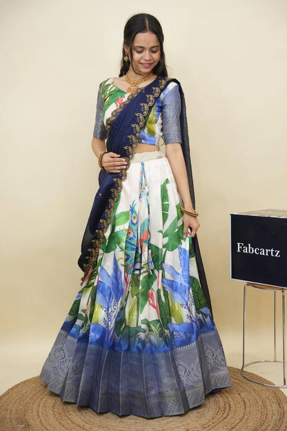 Beautiful South Indian Style Printed Half Saree with Printed Blouse and Dupatta for Women | Radhekrishna KV