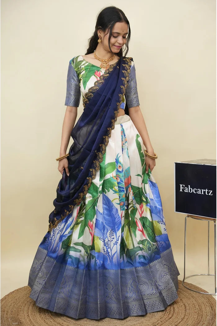 Beautiful South Indian Style Printed Half Saree with Printed Blouse and Dupatta for Women | Radhekrishna KV