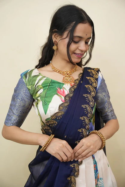 Beautiful South Indian Style Printed Half Saree with Printed Blouse and Dupatta for Women | Radhekrishna KV