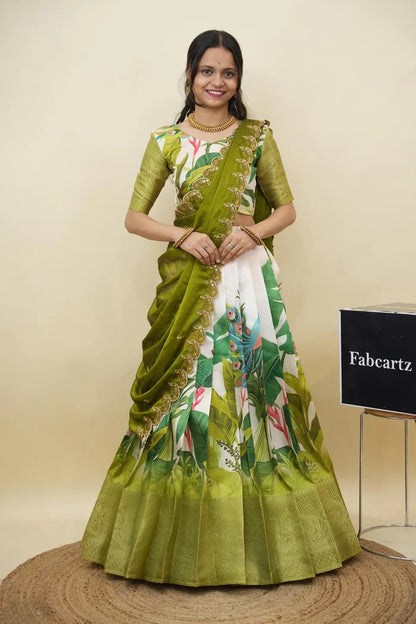 Beautiful South Indian Style Printed Half Saree with Printed Blouse and Dupatta for Women | Radhekrishna KV