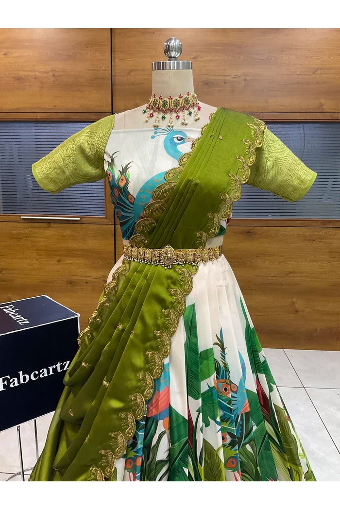 Beautiful South Indian Style Printed Half Saree with Blouse and Dupatta for Women | Radhekrishna